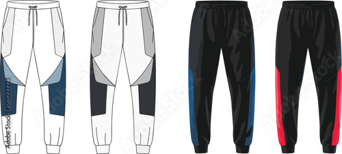 Men’s joggers cad vector, fashion flat illustration, color block sweatpants design, front view technical sketch, streetwear mockup, gymwear pants template, editable apparel drawing