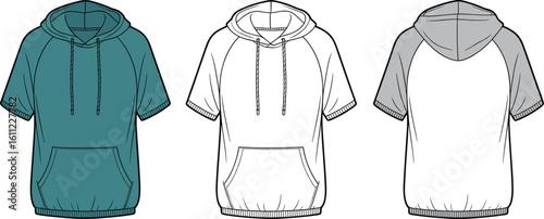 Men’s short sleeve hoodie, casual wear, drawstring hood, kangaroo pocket, sporty design, comfortable fit, relaxed style, modern fashion, summer clothing, cad drawing flat vector illustration