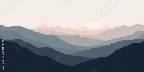 Sunrise mist envelops a serene mountain landscape, with soft clouds floating above the majestic peaks and a tranquil valley below
