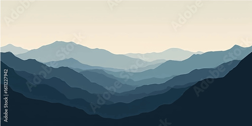 Morning mountain landscape with foggy hills and clouds