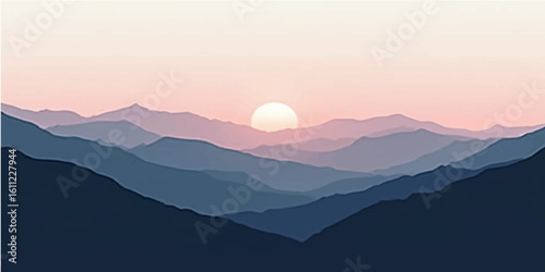 Sunrise and sunset over misty mountain landscape with hills and clouds