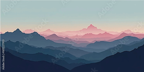 Mountain landscape with a misty forest and a golden sunrise peaking over a distant range of hills