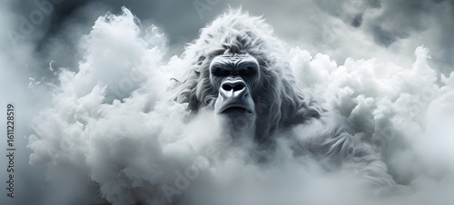 light white gorilla , coming out of the smoke, Generative AI