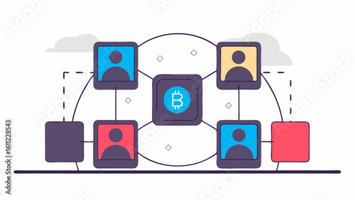 Koncepcja technologii blockchain i kryptowaluty Bitcoin. Ilustracja przedstawiająca zdecentralizowaną sieć finansową typu peer-to-peer.