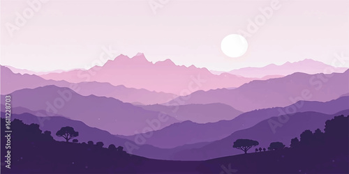 Soft pink layered mountain range with rising moon in a dreamy dusk sky