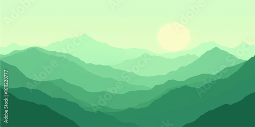 Soft pastel green mountains layered in peaceful hills under calm morning haze
