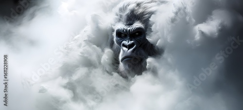 light white gorilla , coming out of the smoke, Generative AI