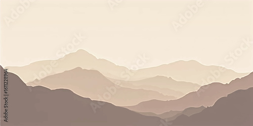 Mountain landscape with misty hills and forest under a colorful sunrise sky with clouds and distant peaks visible on the horizon