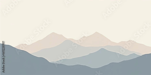 Misty sunrise over soft brown and blue mountain ridges with subtle light