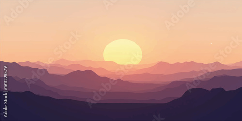 Tranquil mountain sunset scene with glowing sun above layered pastel hills and valleys
