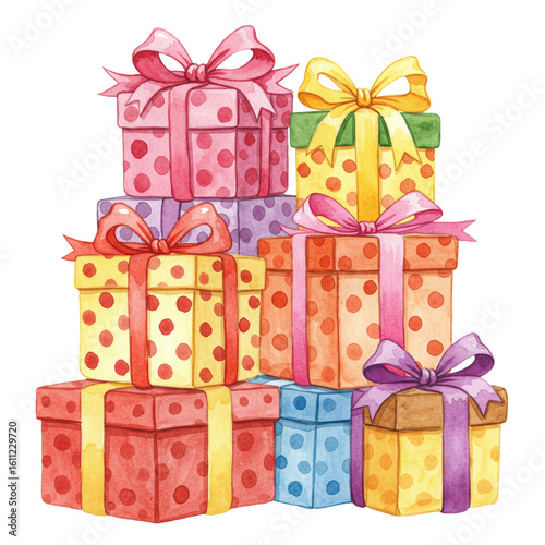 A vibrant watercolor illustration of a festive stack of colorful polka-dotted gift boxes tied with bows, ready for celebration.