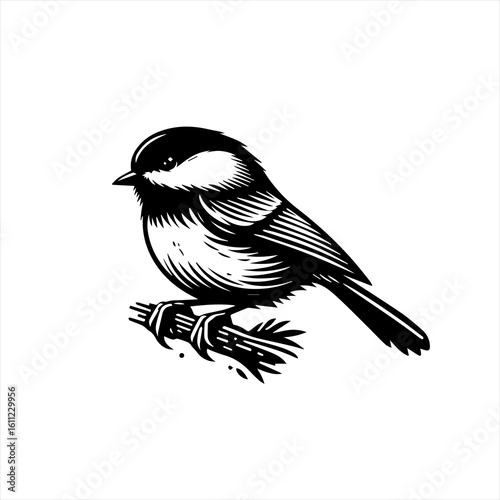 Black and White Chickadee Perched on Branch.