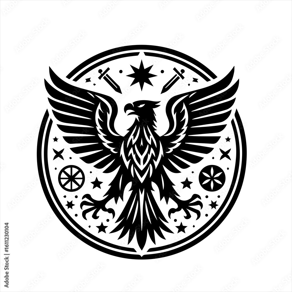 Fototapeta premium Black Eagle Emblem with Swords and Stars.