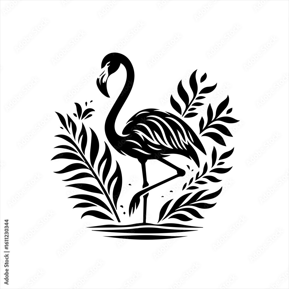 Fototapeta premium Elegant Black Silhouette Flamingo Amidst Lush Foliage.