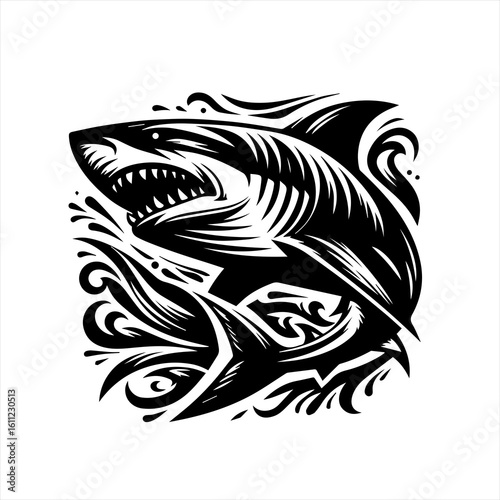 Fierce Black and White Shark Illustration.