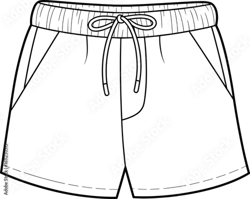 men's shorts cad, flat vector illustration, technical fashion sketch, front view shorts, drawstring waistband, design template, summer wear, clothing design vector
