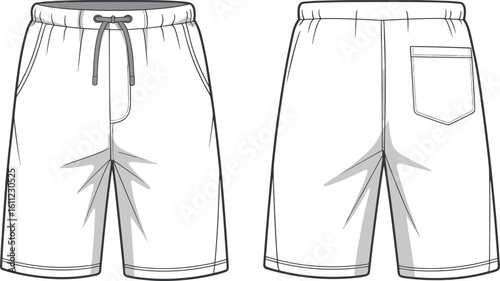 Mens shorts flat vector illustration, front and back view, drawstring waistband, pocket detail, fashion technical sketch, summer casual wear design, editable CAD template