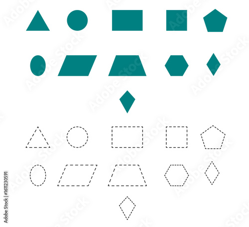 geometric shapes set collection fill and dashed strokes for tracing activities 