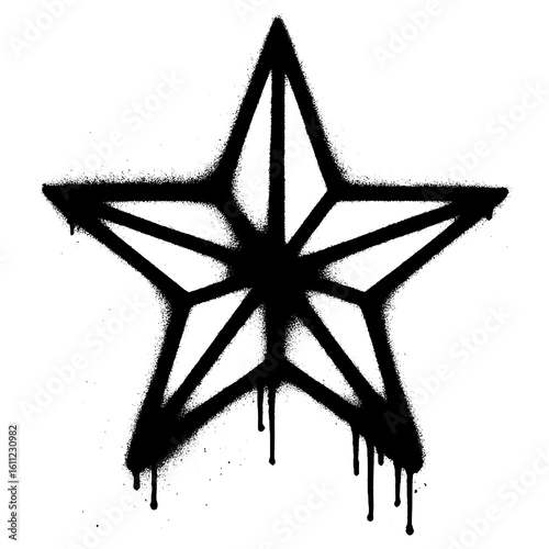 Urban graffiti style black star stencil with bold lines and dripping spray paint effect on a white background.