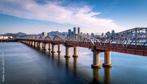 Spectacular view of Hangang bridge in Seoul against the urban skyline and sky