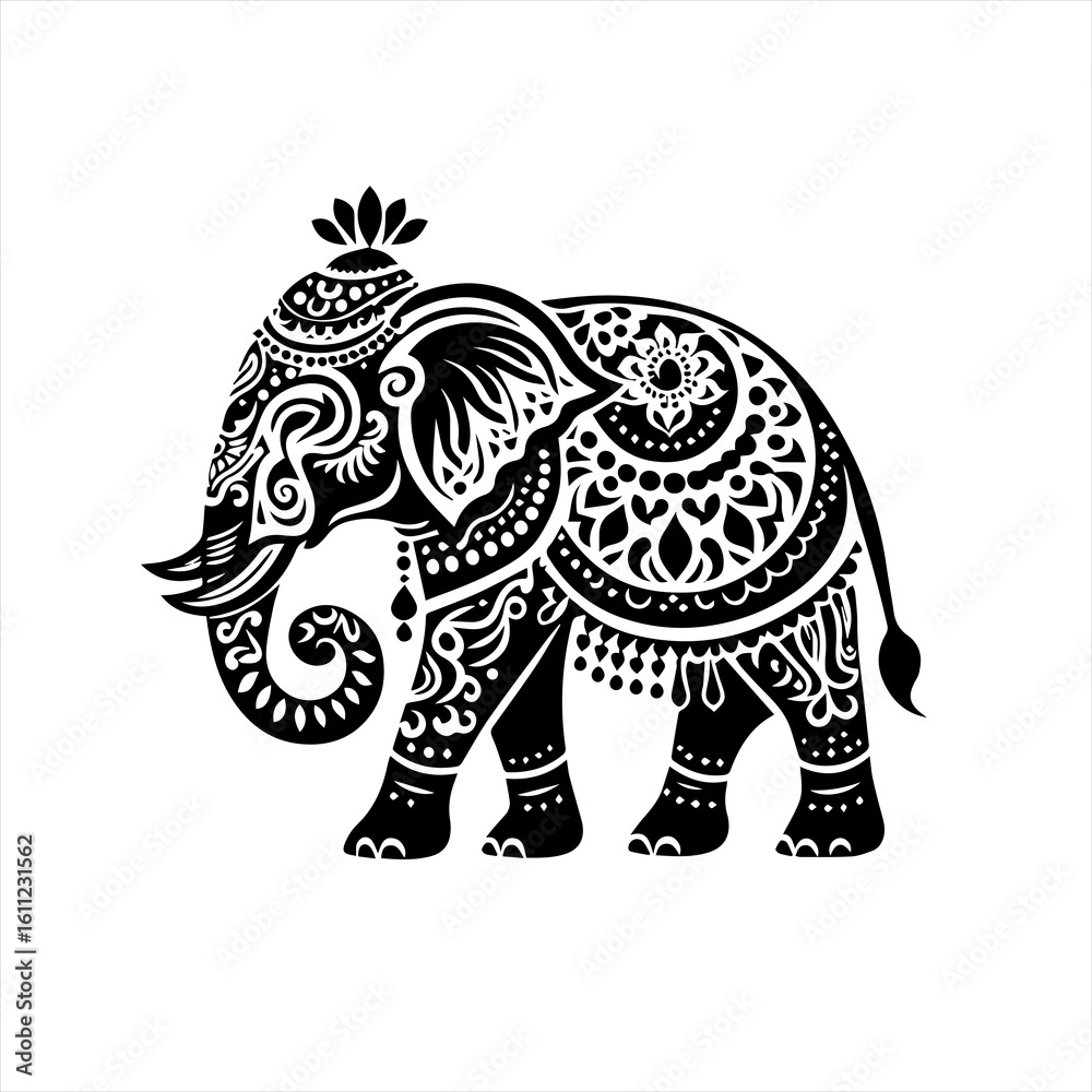 Fototapeta premium Ornate Black Elephant Silhouette with Intricate Patterns.