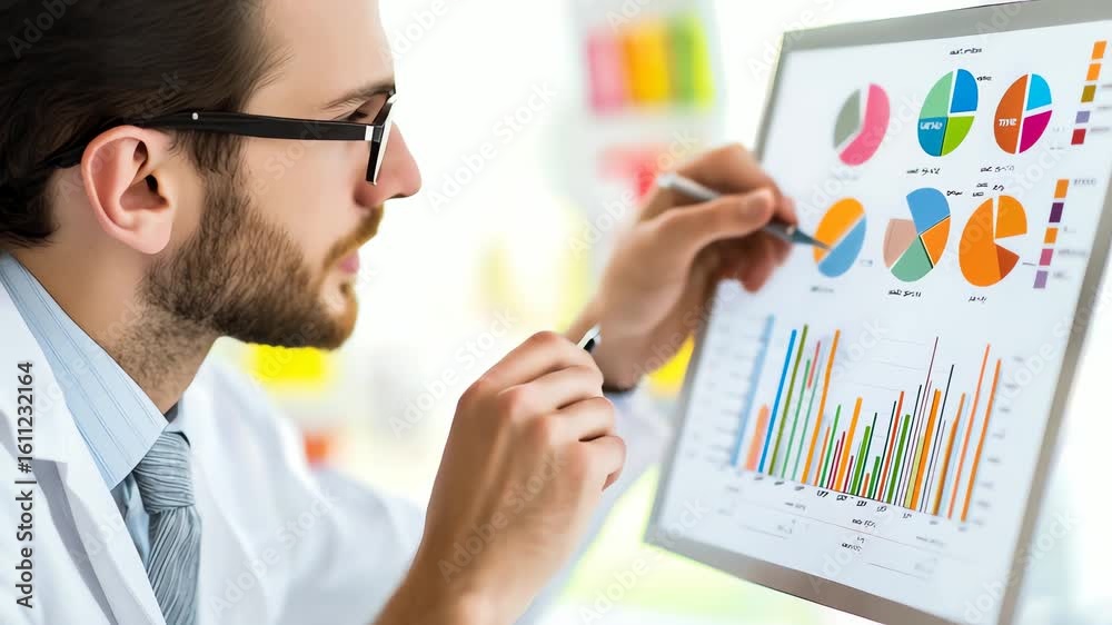 Scientist analyzing data graphs, making decisions and strategy for future research, analyzing charts Scientist analyzing data graphs, making decisions and strategy for future research, analyzing charts