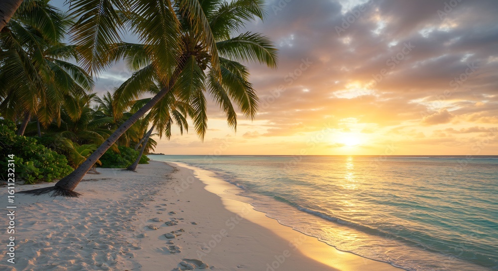 Fototapeta premium Serene Tropical Beach Sunset with Palm Trees and Footprints
