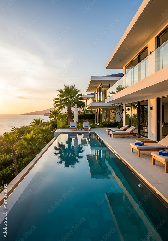 Fototapeta premium Luxury villa with infinity pool overlooking the ocean at sunset for relaxation
