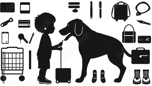 Silhouette of child with luggage and dog surrounded by travel related items in black and white style vreated with genrated ai
