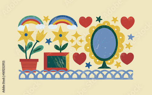A pastel-colored doodle world where flowers bloom beside glowing stars, bright rainbows, and playful hearts, inviting imagination and magic into everyday art.