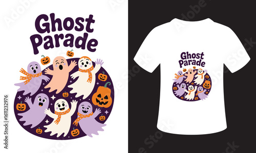 Cute ghost parade design with pumpkins and halloween theme