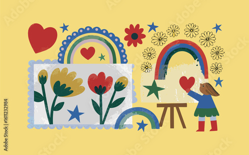 A pastel-colored doodle world where flowers bloom beside glowing stars, bright rainbows, and playful hearts, inviting imagination and magic into everyday art.