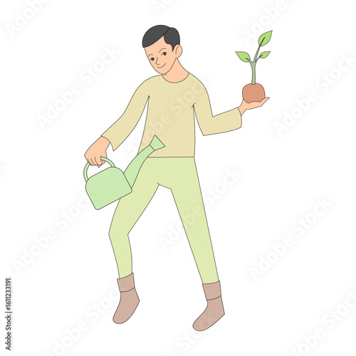 Man holding a watering can and plant seeds. Environmentalist. Nature theme. Environmental issues. Reforestation. Farmer. Agriculture. Gardening. Vector illustration