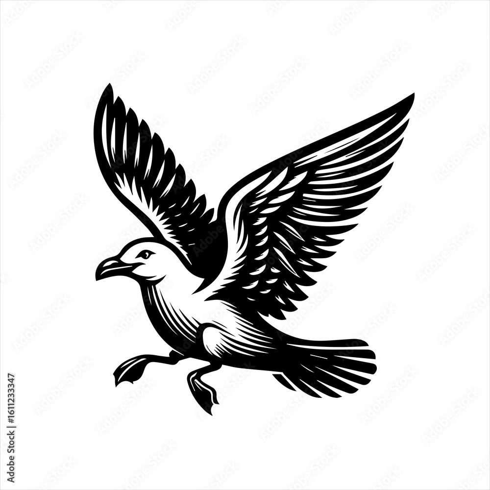 Obraz premium Stylized Black and White Seagull in Flight.