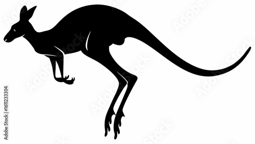 Silhouette of a kangaroo in mid air with a long tail and pointy ears in a black and white image vreated with genrated ai