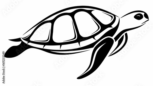 Stylized black and white sea turtle illustration with detailed shell and flippers on a white background vreated with genrated ai
