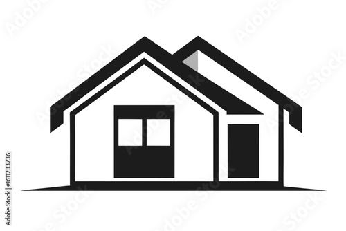 Minimalist black house icon with a single window and chimney on a white background silhouette