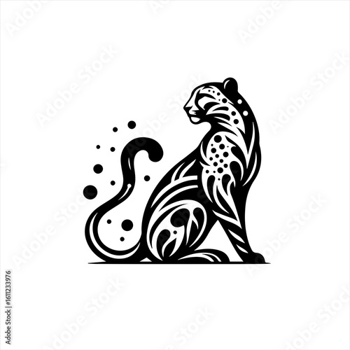 Stylized Black Leopard Silhouette with Tribal Patterns.