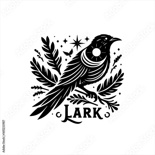 Stylized Black Lark Bird with Celestial Elements.