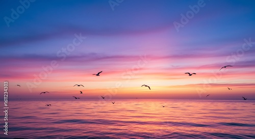 Silhouettes of birds flying over a calm sea with a dramatic pink and purple sunset sky.