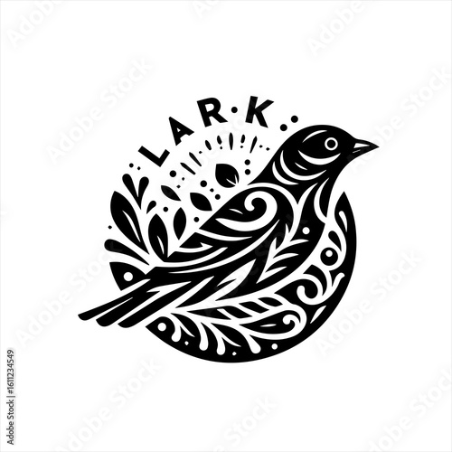 Stylized Lark Bird with Floral Ornaments and Text.