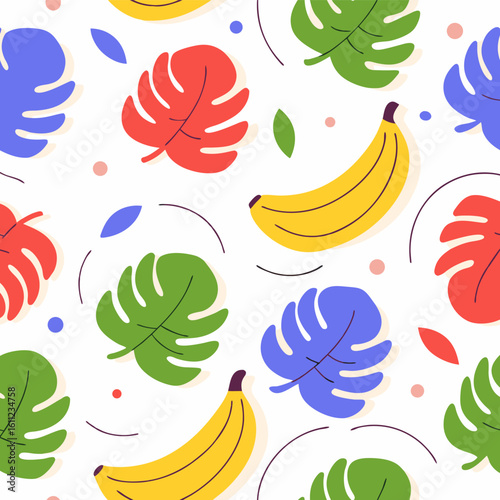 Letni wzór bezszwowy z bananami i tropikalnymi liśćmi. Wesoła, kolorowa ilustracja wektorowa idealna na tło, tapetę lub materiał.