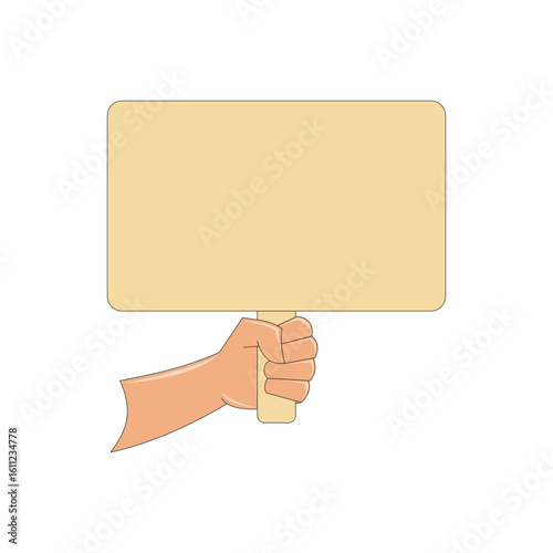 Hands holding a blank beige board. Notice board. Information board. Copy space. Vector illustration