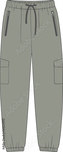 Modern jogger pants technical flat sketch, cad vector illustration, stylish activewear bottom, elastic waist, zip pockets, ankle cuffs, streetwear fashion design