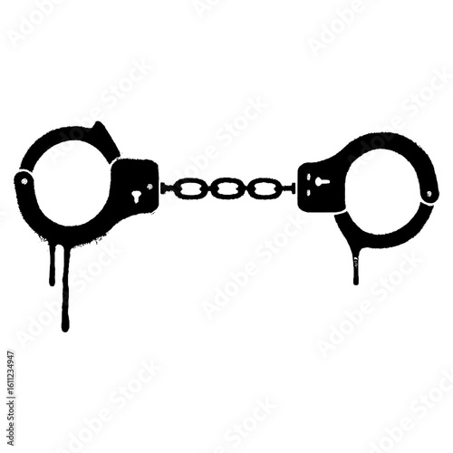 Black graffiti style stencil illustration of handcuffs with dripping spray paint effect on a clean white background.