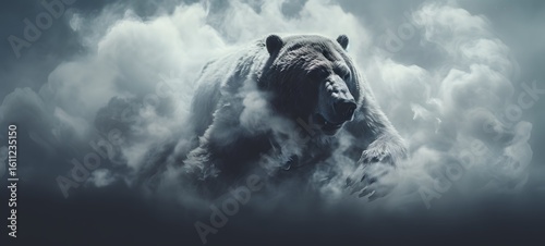 a light bear , coming out of the smoke, Generative AI