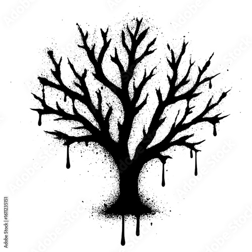 Graffiti Stencil of Bare Tree with Dripping Black Spray Paint on White Background.