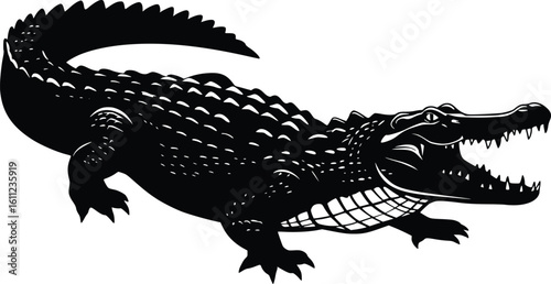 Alligator silhouette with open mouth showing sharp teeth and muscular powerful body