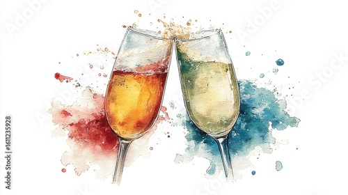 Two champagne glasses toasting, splashing and celebrating with watercolor effect