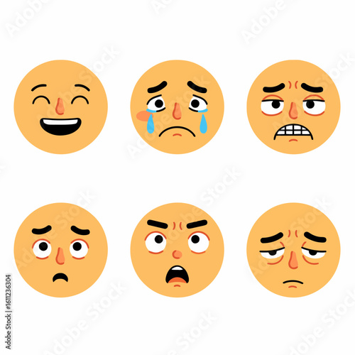 A diverse set of illustrated character faces portraying a wide range of human emotions from joy and laughter to anger and sadness.